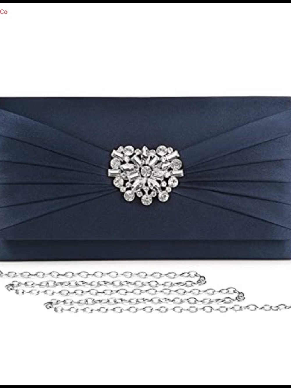 Pleated Satin Rhinestone Brooch Evening Clutch Purse with Detachable Chain Strap